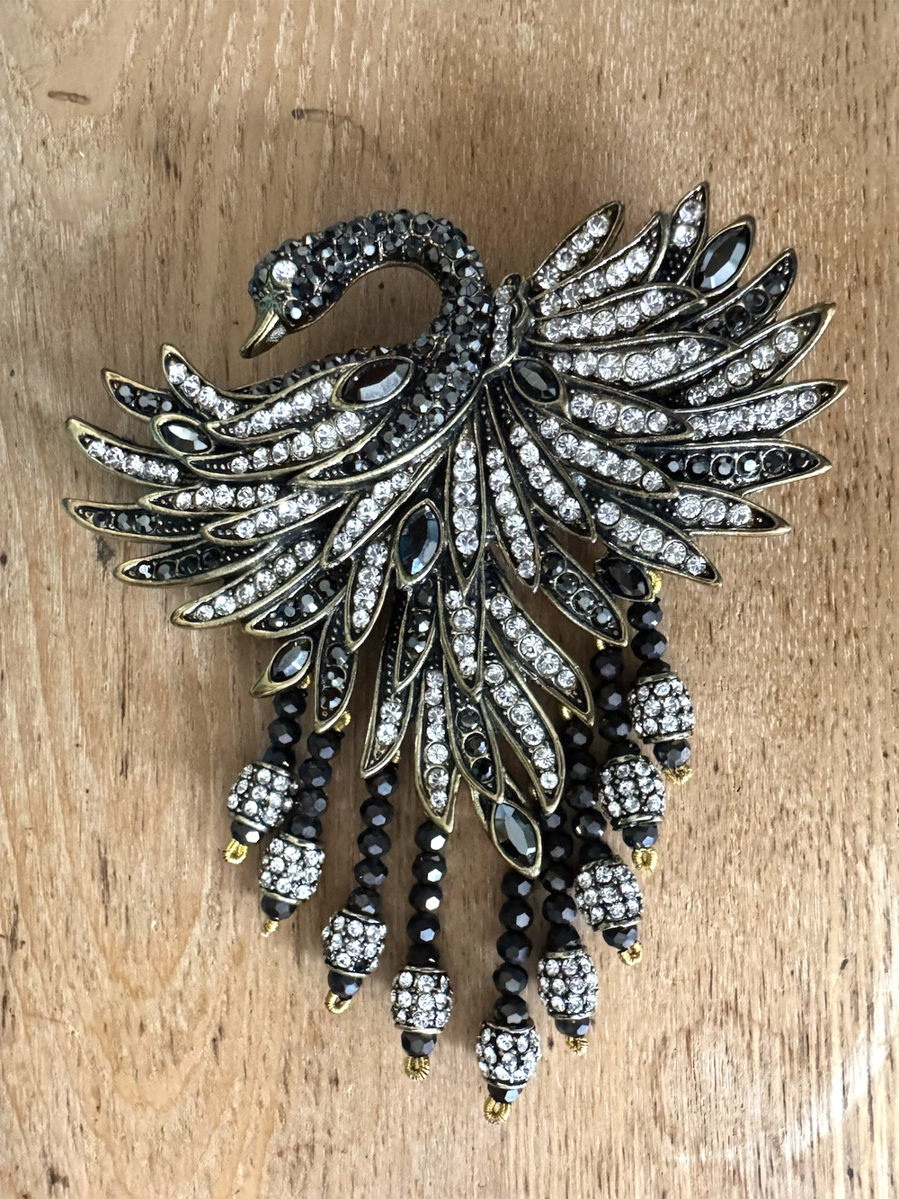 Heidi Daus Swan Crystal Pin Graceful Beauty Gold-Tone Black Beads 4.25" Brooch